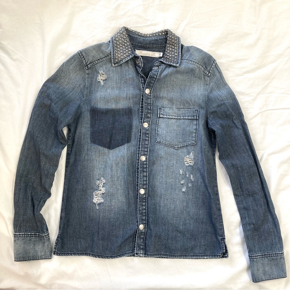 Frankie B. Designer studded distressed denim shirt jacket